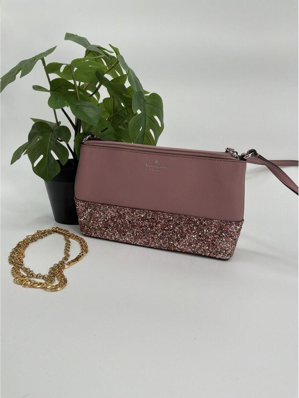 Kate Spade Ramey Greta Court Glitter Pink Leather Crossbody Bag Dusty Peony